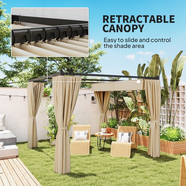 Outsunny 3x3m Retractable Pergola Gazebo, Outdoor Patio Shelter with Adjustable Roof & Curtains, Ideal for BBQ, Deck & Garden, Beige Aosom UK