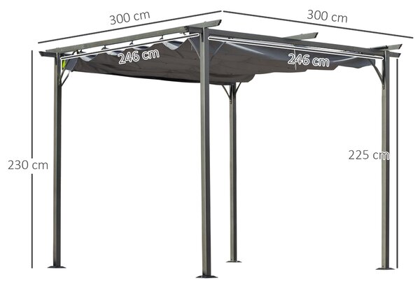 Outsunny 3 x 3m Retractable Roof Gazebo, Metal Pergola Awning Canopy for Outdoor Garden Sun Shade Shelter, Grey Aosom UK