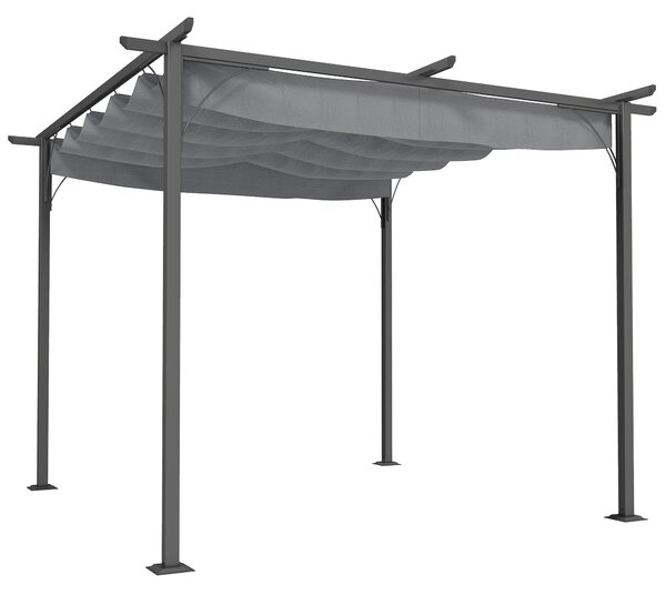 Outsunny 3 x 3m Retractable Roof Gazebo, Metal Pergola Awning Canopy for Outdoor Garden Sun Shade Shelter, Grey Aosom UK