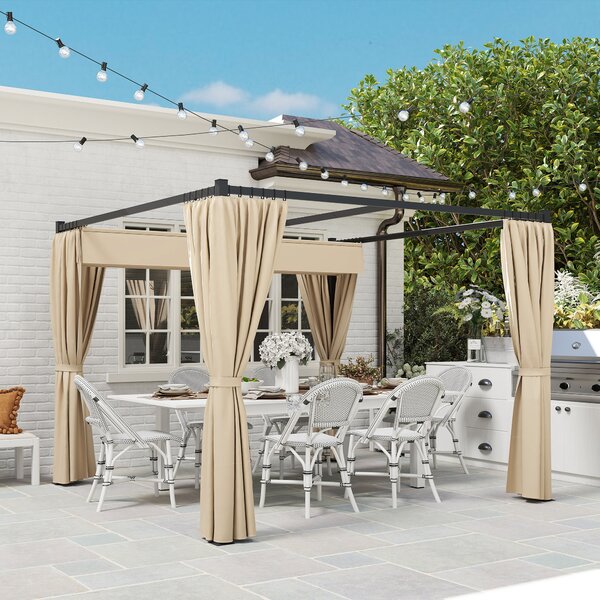 Outsunny 3x3m Retractable Pergola Gazebo, Outdoor Patio Shelter with Adjustable Roof & Curtains, Ideal for BBQ, Deck & Garden, Beige Aosom UK