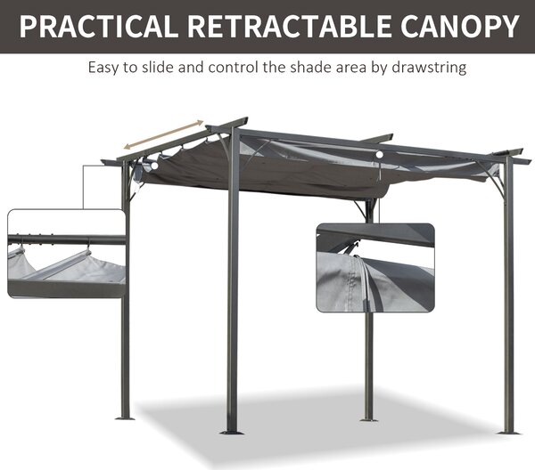 Outsunny 3 x 3m Retractable Roof Gazebo, Metal Pergola Awning Canopy for Outdoor Garden Sun Shade Shelter, Grey Aosom UK