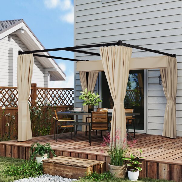 Outsunny 3x3m Retractable Pergola Gazebo, Outdoor Patio Shelter with Adjustable Roof & Curtains, Ideal for BBQ, Deck & Garden, Beige Aosom UK