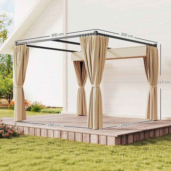 Outsunny 3x3m Retractable Pergola Gazebo, Outdoor Patio Shelter with Adjustable Roof & Curtains, Ideal for BBQ, Deck & Garden, Beige Aosom UK