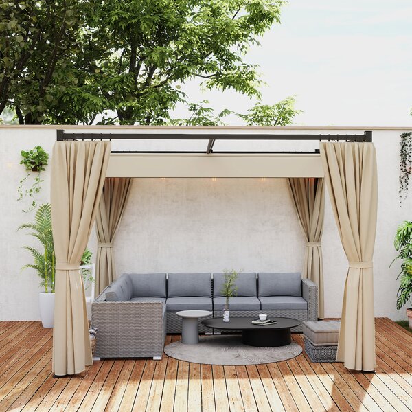 Outsunny 3x3m Retractable Pergola Gazebo, Outdoor Patio Shelter with Adjustable Roof & Curtains, Ideal for BBQ, Deck & Garden, Beige Aosom UK