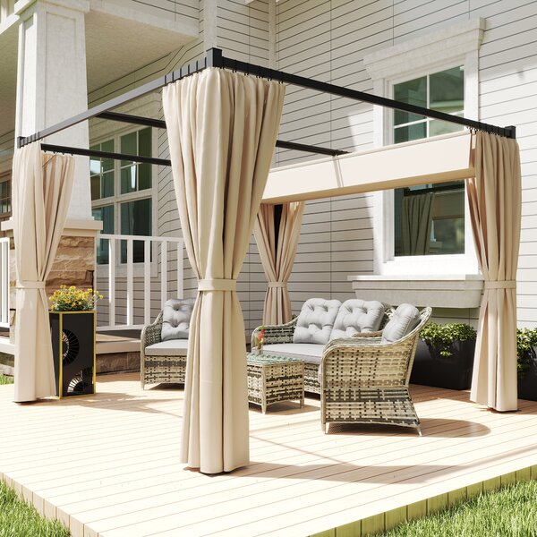 Outsunny 3x3m Retractable Pergola Gazebo, Outdoor Patio Shelter with Adjustable Roof & Curtains, Ideal for BBQ, Deck & Garden, Beige Aosom UK