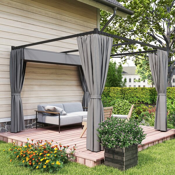 Outsunny 3 x 3(m) Retractable Pergola, Garden Gazebo Shelter with Curtains, for Grill, Patio, Deck, Light Grey