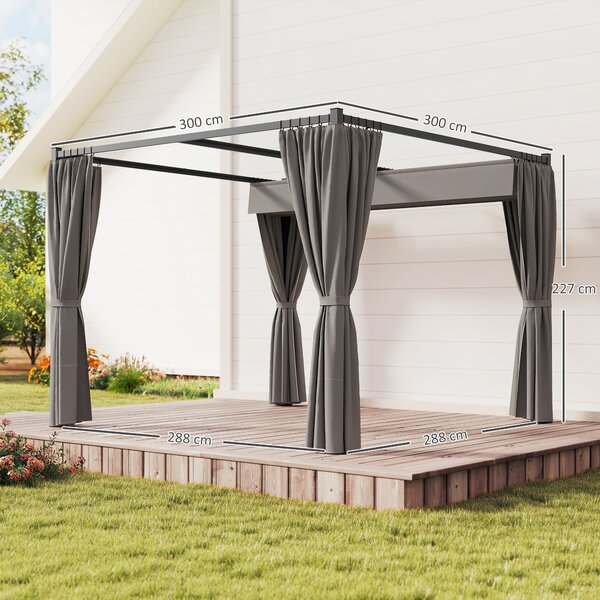 Outsunny 3 x 3(m) Retractable Pergola, Garden Gazebo Shelter with Curtains, for Grill, Patio, Deck, Light Grey