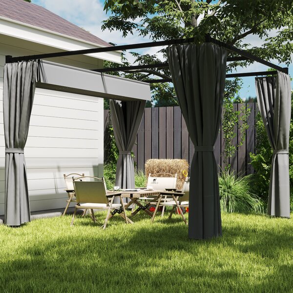 Outsunny 3 x 3(m) Retractable Pergola, Garden Gazebo Shelter with Curtains, for Grill, Patio, Deck, Light Grey