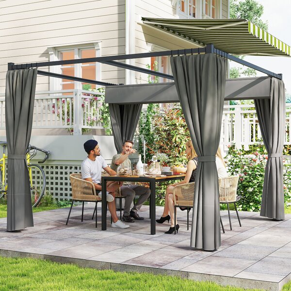 Outsunny 3 x 3(m) Retractable Pergola, Garden Gazebo Shelter with Curtains, for Grill, Patio, Deck, Light Grey