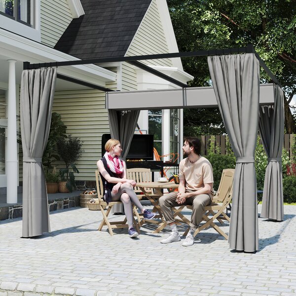 Outsunny 3 x 3(m) Retractable Pergola, Garden Gazebo Shelter with Curtains, for Grill, Patio, Deck, Light Grey