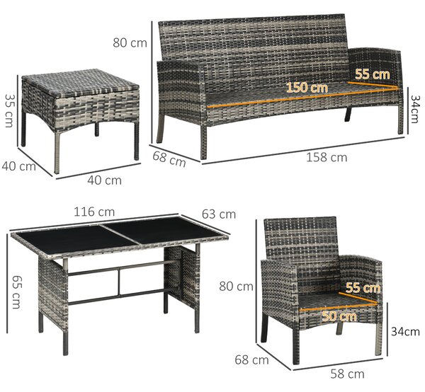 Outsunny 5 Seater Rattan Garden Furniture Set, 2 Armchairs, 3-seater Wicker Sofa, 2 Footstools Glass Table 6 Piece Patio Sofa Sets for Conservatory