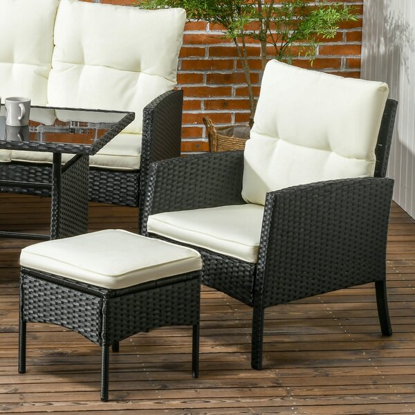 Outsunny 5 Seater Rattan Garden Furniture Set Wicker Sofa Armchairs Footstools and Glass Table Patio Rattan Sofa Sets with Cushions, Black Aosom UK