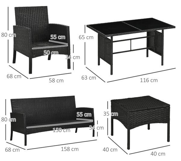 Outsunny 5 Seater Rattan Garden Furniture Set Wicker Sofa Armchairs Footstools and Glass Table Patio Rattan Sofa Sets with Cushions, Black Aosom UK