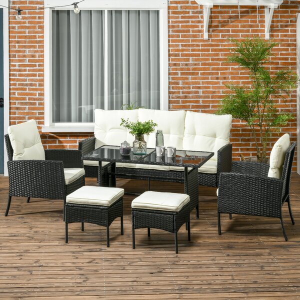 Outsunny 5 Seater Rattan Garden Furniture Set Wicker Sofa Armchairs Footstools and Glass Table Patio Rattan Sofa Sets with Cushions, Black Aosom UK