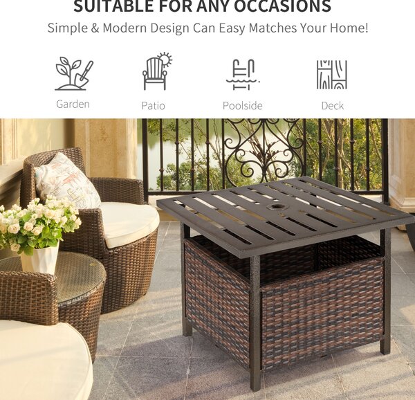 Outsunny Outdoor Rattan Wicker Patio Coffee Table w/ Umbrella Hole Suitable for Garden Backyard Brown