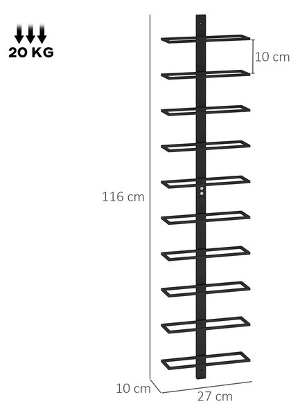 HOMCOM 10-Tier Wall Mount Wine Rack, Steel Wall Wine Rack for 10 Wine Bottles, Wall Wine Display Rack for Kitchen, Dining Room, Home Bar, Black