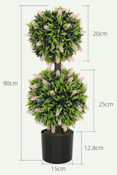 HOMCOM Set of 2 Decorative Artificial Plants Ball Trees with Lavender Flowers in Pot Fake Plants for Home Indoor Outdoor Decor, 70cm, Pink