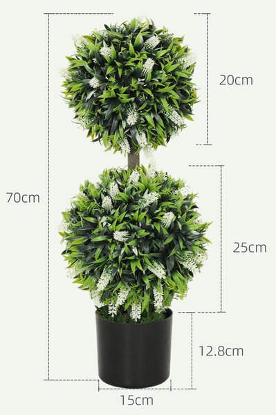 HOMCOM Set of 2 Decorative Artificial Plants Ball Trees with Lavender Flowers in Pot Fake Plants for Home Indoor Outdoor Decor, 70cm, White