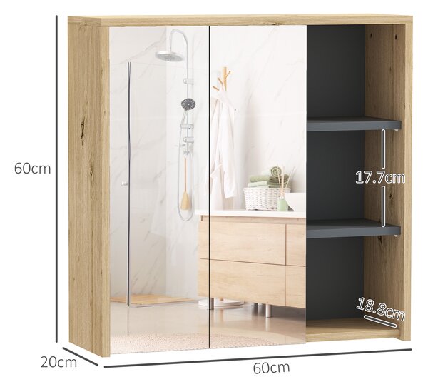 HOMCOM Five-Shelf Mirrored Bathroom Cabinet - Wood-Effect