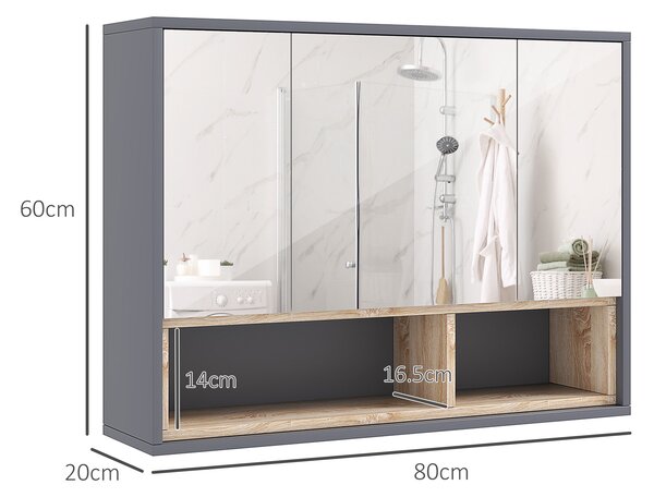 HOMCOM Bathroom Mirror Cabinet, Wall Mounted Bathroom Cabinet with Mirror, 3 Doors and Cupboards, Grey