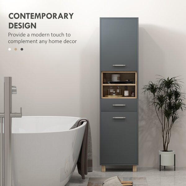HOMCOM Tall Bathroom Storage Cabinet with MDF Triamine Board Tall Bathroom Cupboard with Waterproof Sticker and Open Shelves - Matte Grey Aosom UK
