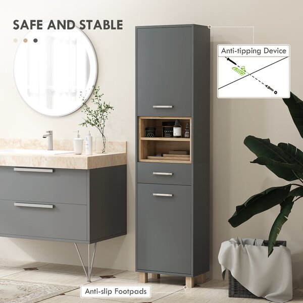 HOMCOM Tall Bathroom Storage Cabinet with MDF Triamine Board Tall Bathroom Cupboard with Waterproof Sticker and Open Shelves - Matte Grey Aosom UK
