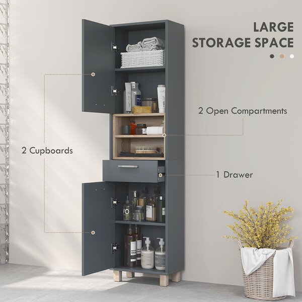 HOMCOM Tall Bathroom Storage Cabinet with MDF Triamine Board Tall Bathroom Cupboard with Waterproof Sticker and Open Shelves - Matte Grey Aosom UK