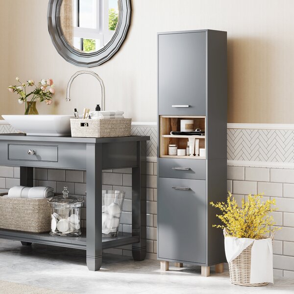 HOMCOM Tall Bathroom Storage Cabinet with MDF Triamine Board Tall Bathroom Cupboard with Waterproof Sticker and Open Shelves - Matte Grey Aosom UK