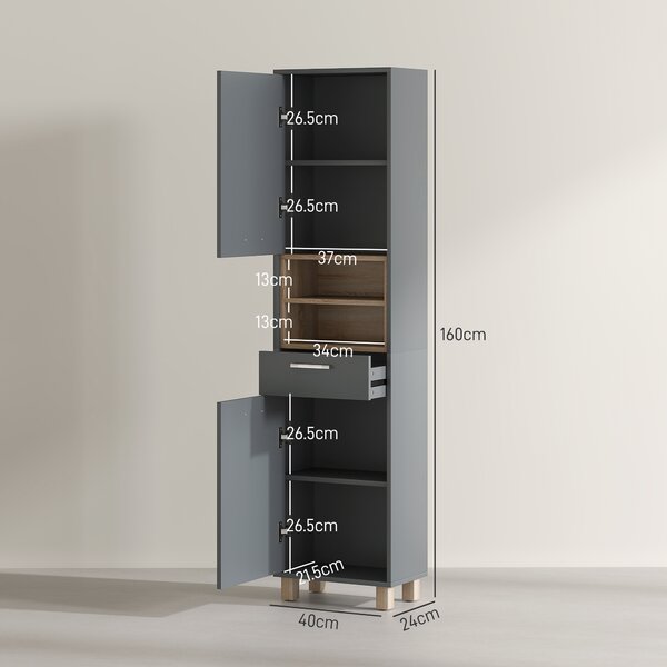 HOMCOM Tall Bathroom Storage Cabinet with MDF Triamine Board Tall Bathroom Cupboard with Waterproof Sticker and Open Shelves - Matte Grey Aosom UK