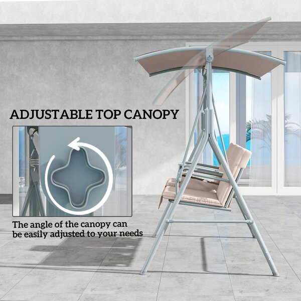 Outsunny 2 Seater Garden Swing Chair Patio Rocking Bench w/ Tilting Canopy, Double Padded Seats, Storage Bag and Tray, Beige