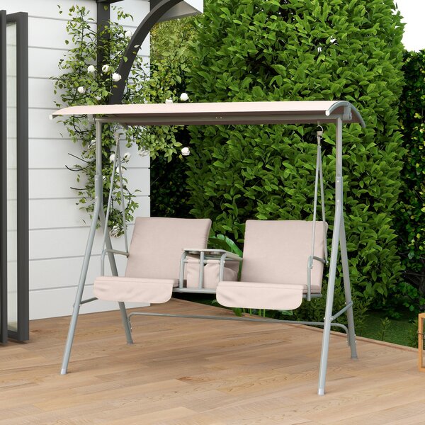 Outsunny 2 Seater Garden Swing Chair Patio Rocking Bench w/ Tilting Canopy, Double Padded Seats, Storage Bag and Tray, Beige