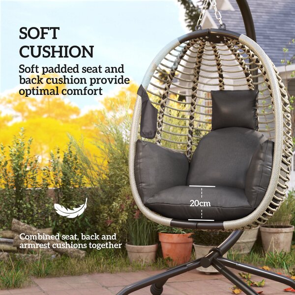 Outsunny Outdoor Swing Chair with Thick Padded Cushion, Patio Hanging Chair with Metal Stand and Foldable Basket for Indoor & Outdoor, Dark Grey