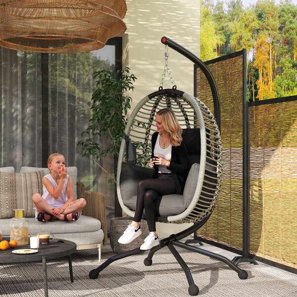 Outsunny Outdoor Swing Chair with Thick Padded Cushion, Patio Hanging Chair with Metal Stand and Foldable Basket for Indoor & Outdoor, Dark Grey