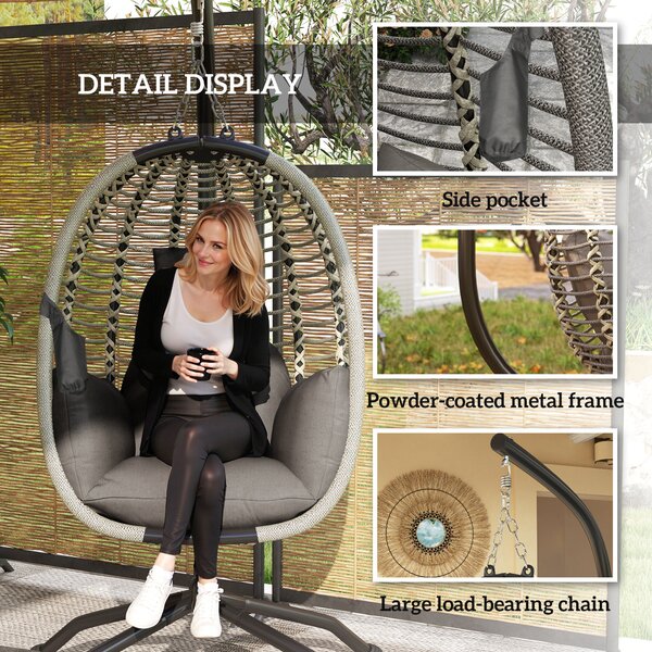 Outsunny Outdoor Swing Chair with Thick Padded Cushion, Patio Hanging Chair with Metal Stand and Foldable Basket for Indoor & Outdoor, Dark Grey