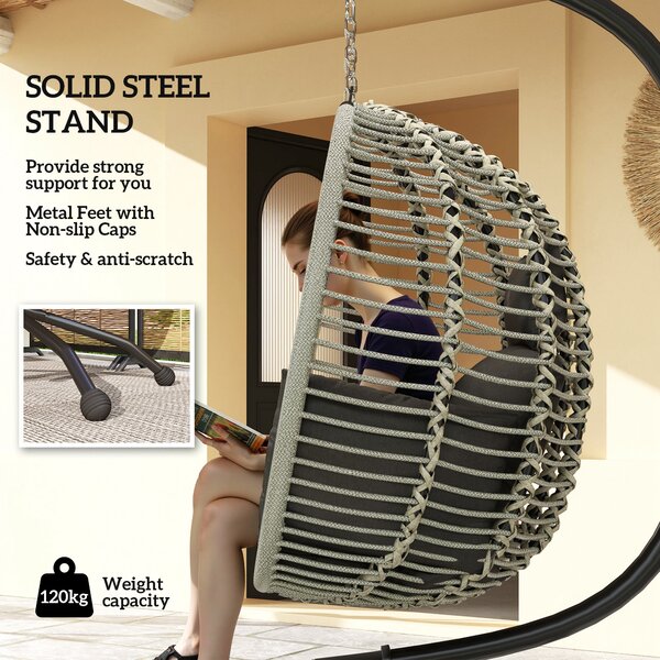 Outsunny Outdoor Swing Chair with Thick Padded Cushion, Patio Hanging Chair with Metal Stand and Foldable Basket for Indoor & Outdoor, Dark Grey