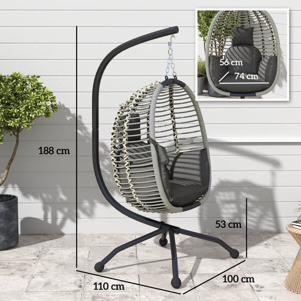 Outsunny Outdoor Swing Chair with Thick Padded Cushion, Patio Hanging Chair with Metal Stand and Foldable Basket for Indoor & Outdoor, Dark Grey