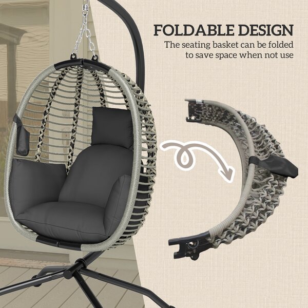 Outsunny Outdoor Swing Chair with Thick Padded Cushion, Patio Hanging Chair with Metal Stand and Foldable Basket for Indoor & Outdoor, Dark Grey