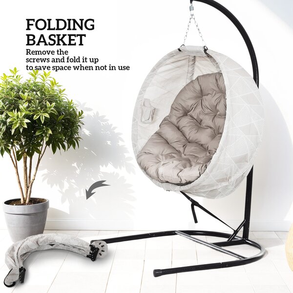Outsunny Hanging Egg Chair with Folding Basket, Garden Hanging Chair with Stand, Thickened Cushion, Cup Holder for Patio, Balcony, Sand Brown
