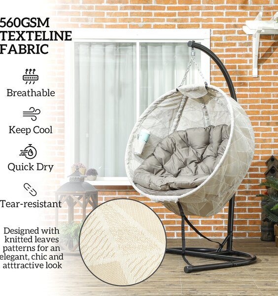 Outsunny Hanging Egg Chair with Folding Basket, Garden Hanging Chair with Stand, Thickened Cushion, Cup Holder for Patio, Balcony, Sand Brown