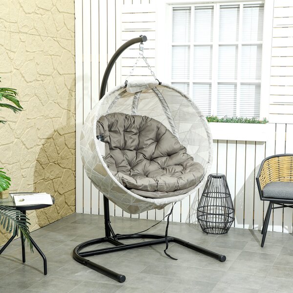 Outsunny Hanging Egg Chair with Folding Basket, Garden Hanging Chair with Stand, Thickened Cushion, Cup Holder for Patio, Balcony, Sand Brown