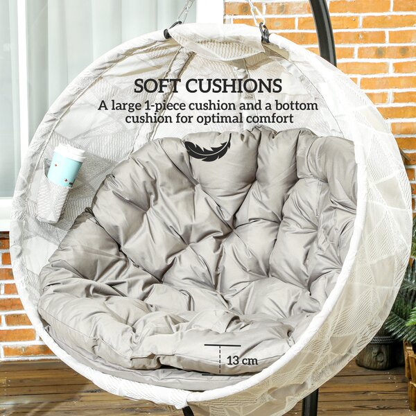 Outsunny Hanging Egg Chair with Folding Basket, Garden Hanging Chair with Stand, Thickened Cushion, Cup Holder for Patio, Balcony, Sand Brown