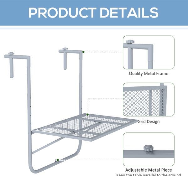 Outsunny Balcony Hanging Table, Metal Wall Mount Desk, Adjustable Folding Balcony Deck Table for Patio and Garden, Grey