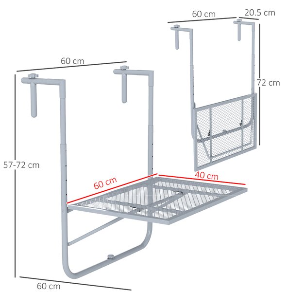 Outsunny Balcony Hanging Table, Metal Wall Mount Desk, Adjustable Folding Balcony Deck Table for Patio and Garden, Grey