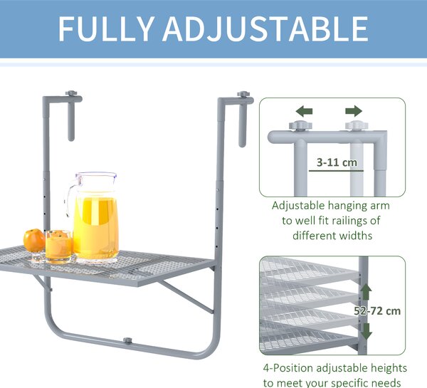 Outsunny Balcony Hanging Table, Metal Wall Mount Desk, Adjustable Folding Balcony Deck Table for Patio and Garden, Grey