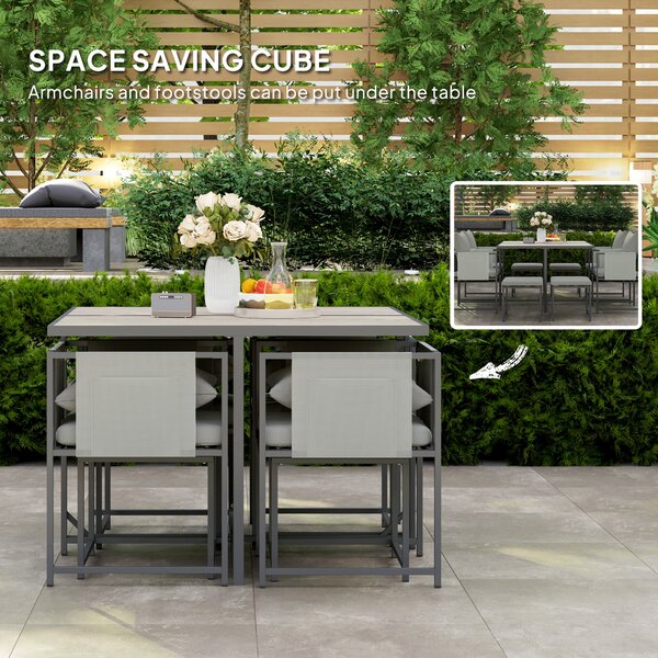 Outsunny 9 Piece Garden Dining Set, 8 Seater Garden Table and Chairs with 4 Stools, Square PSPC Plastic Top Table, Side Pockets for Patio, Grey