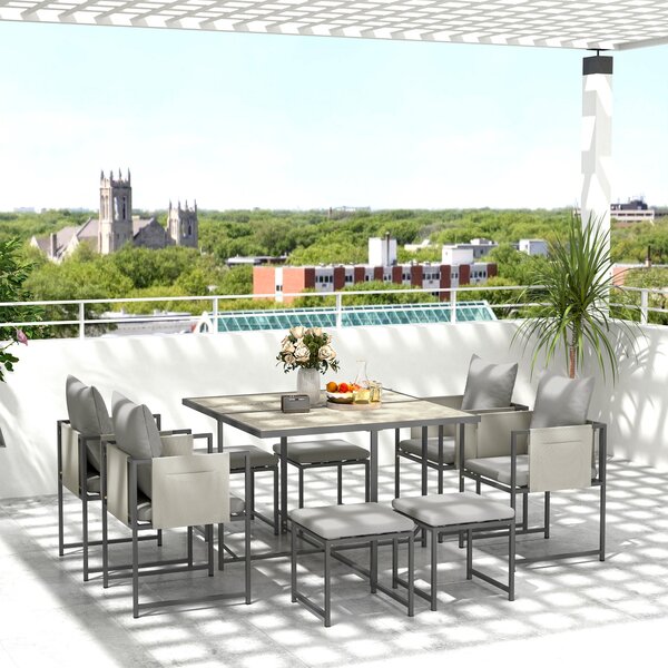 Outsunny 9 Piece Garden Dining Set, 8 Seater Garden Table and Chairs with 4 Stools, Square PSPC Plastic Top Table, Side Pockets for Patio, Grey