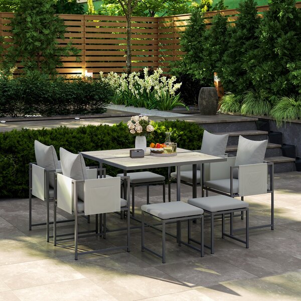 Outsunny 9 Piece Garden Dining Set, 8 Seater Garden Table and Chairs with 4 Stools, Square PSPC Plastic Top Table, Side Pockets for Patio, Grey