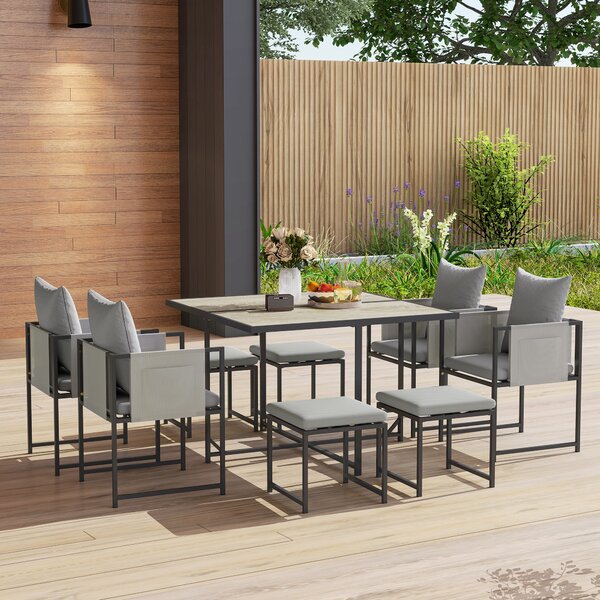 Outsunny 9 Piece Garden Dining Set, 8 Seater Garden Table and Chairs with 4 Stools, Square PSPC Plastic Top Table, Side Pockets for Patio, Grey
