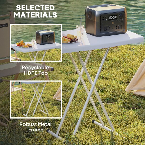 Outsunny Portable Folding Coffee Table, Height Adjustable Garden Table Bistro Table with HDPE Top and Metal Frame for Balcony Poolside Deck, White