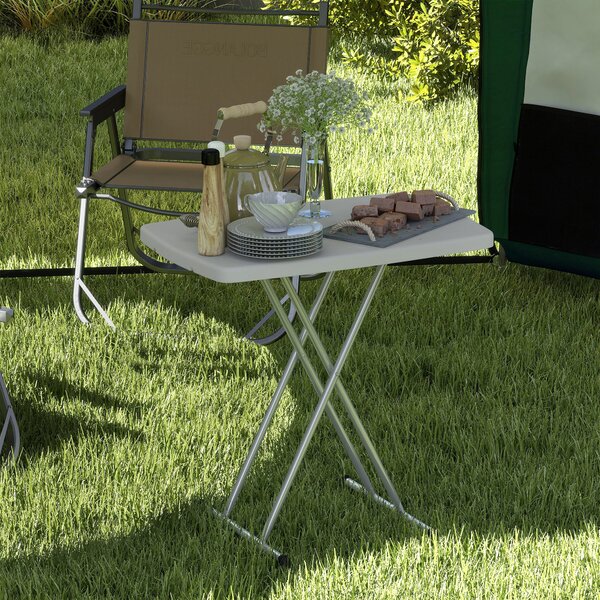 Outsunny Portable Folding Coffee Table, Height Adjustable Garden Table Bistro Table with HDPE Top and Metal Frame for Balcony Poolside Deck, White